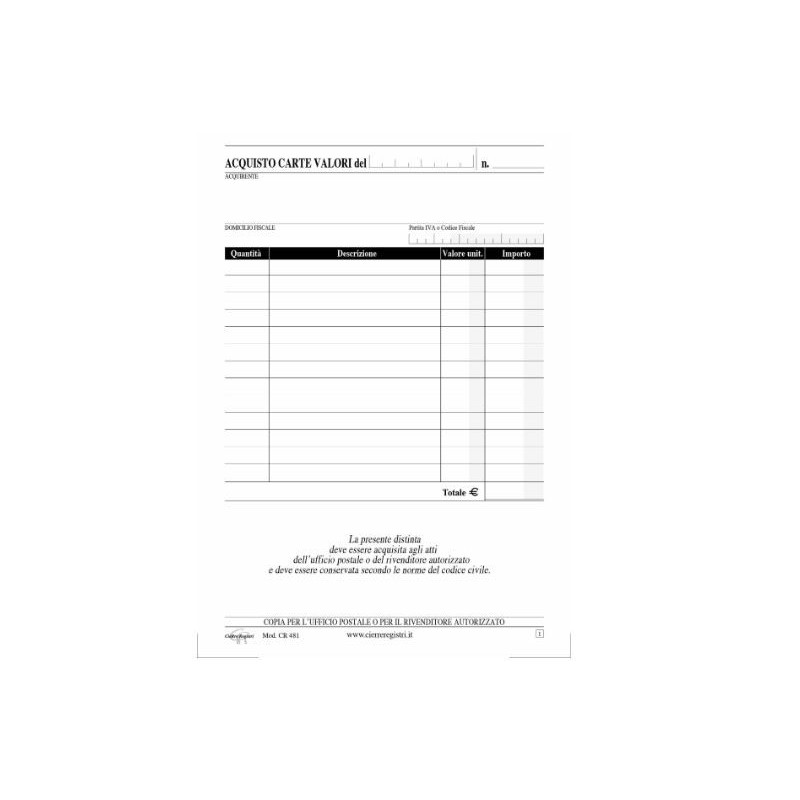 BLOCCO ACQUISTO VALORI BOLLATI 2 COPIE CR481