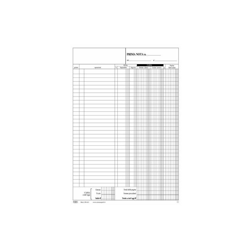 BLOCCO PRIMA NOTA CASSA C/IVA A4 2COPIE CR613