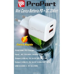 CARICATORE DA RETE USB-A + TYPE-C 20W PROPART