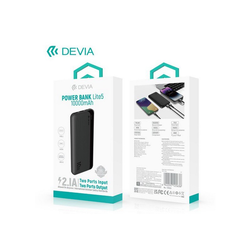 POWERBANK DEVIA 10000 MAH 2USB + TYPE-C + MICRO